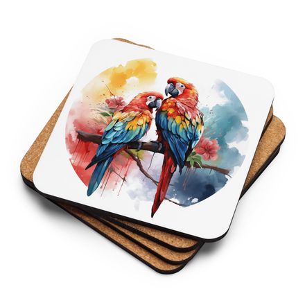 Cork-Back Coaster, Parrots perching romantically, watercolour, h3l8qr