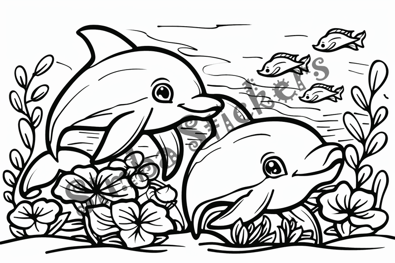Colouring pages, bundle of dolphins under water, 10 images