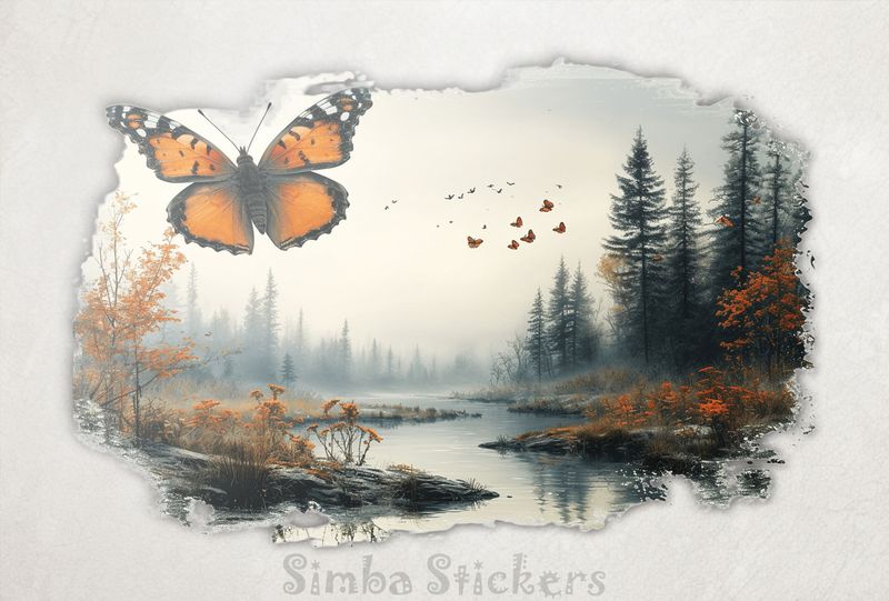 Butterfliy floating above a river, vintage, h4h6qc