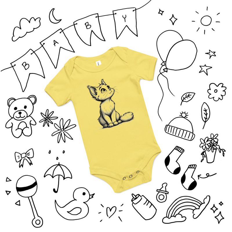 Baby Short Sleeve One Piece, 3-24 Months, Cat kitten sitting up, looking cute