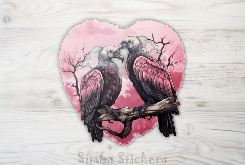 Vultures in love perching within Valentine&#x27;s heart frame, hxjncd