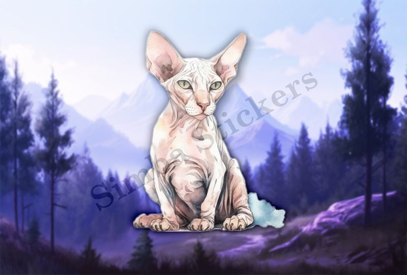 Sphynx cat sitting, watercolour