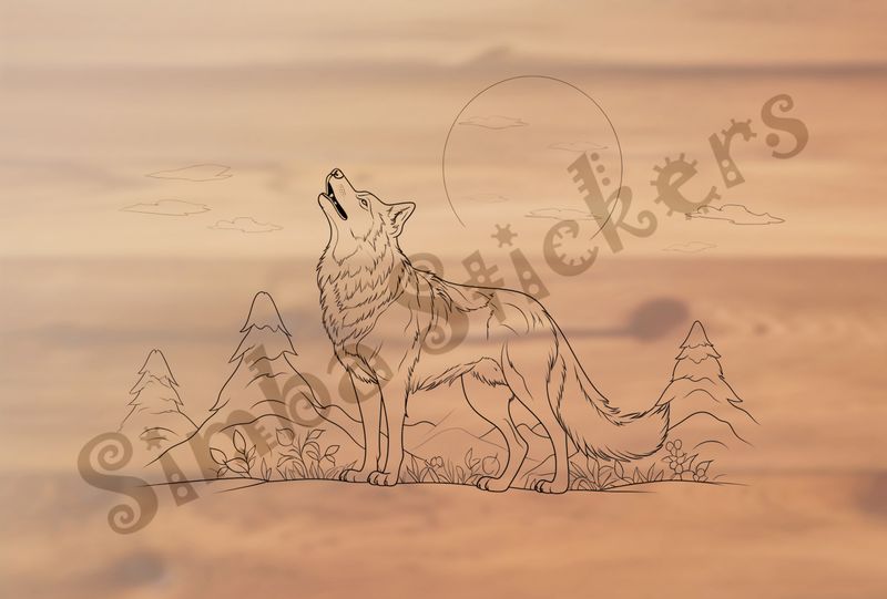 Wolf howling at the moon, outline art