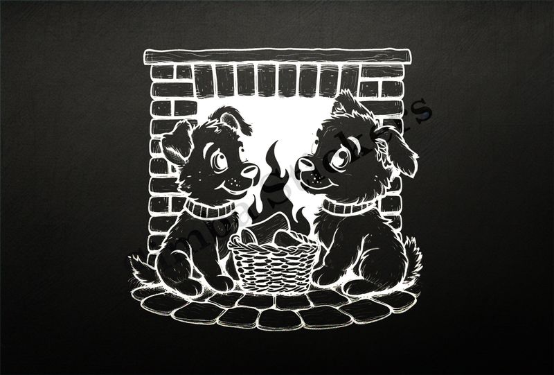 Cute dogs in glasses by the fireplace, with a basket of wood, outline art