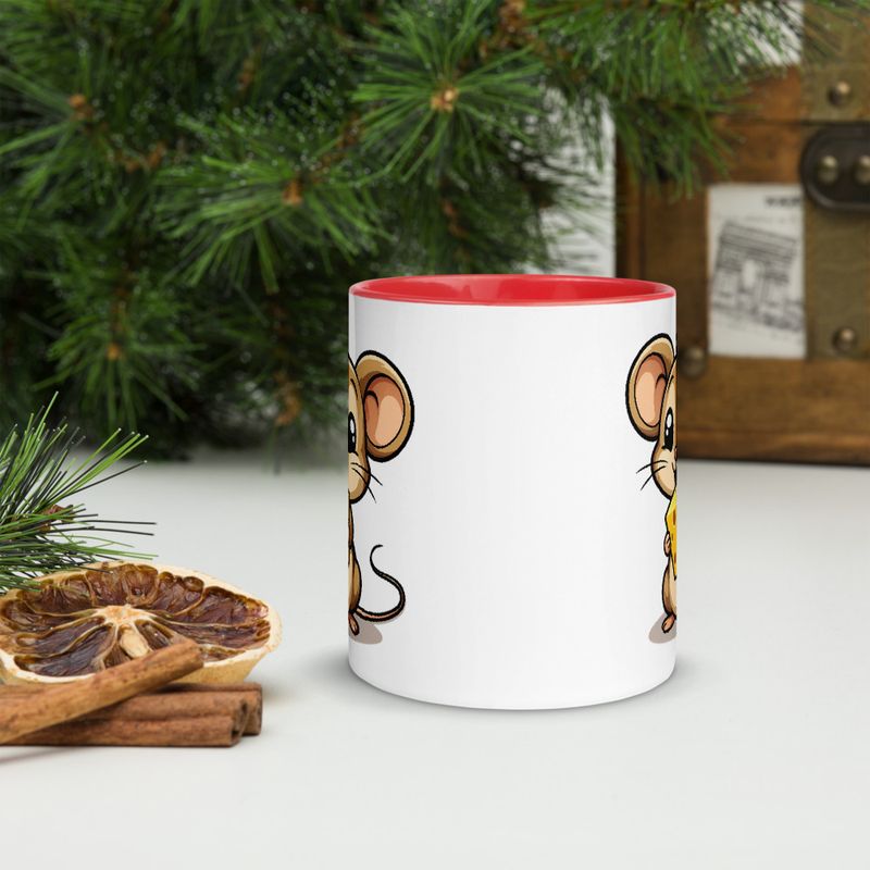 White Ceramic Mug with Color Inside,11&amp;15oz,Small Mouse happily licking large chunk of cheese,pqapy6