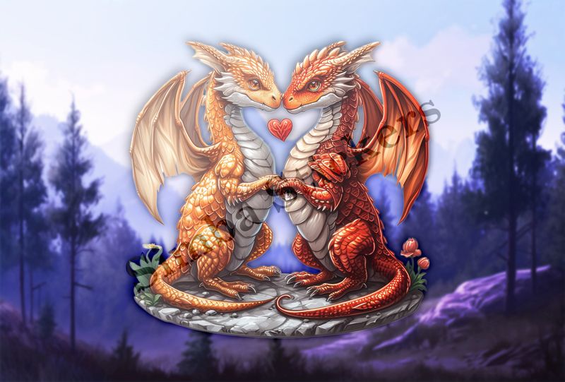 Red dragons in love, watercolour