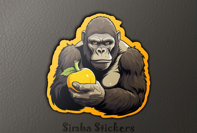 Gorilla holding a fruit and frowning, 8grvzt