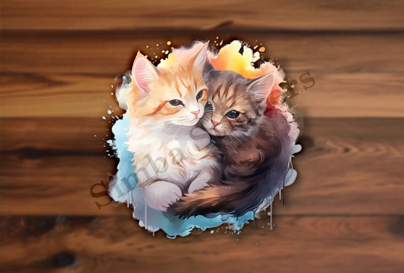 Cats cuddling, watercolour