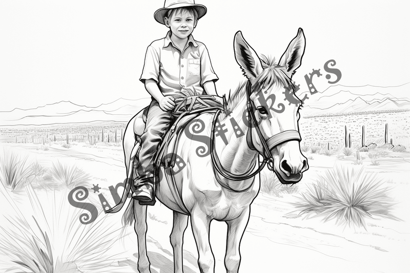 Colouring pages, bundle of mules carrying passengers, 10 images