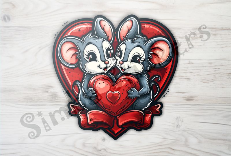 Mice in happily holding onto Valentine&#x27;s heart, inside larger heart