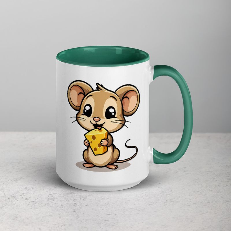 White Ceramic Mug with Color Inside,11&amp;15oz,Small Mouse happily licking large chunk of cheese,pqapy6