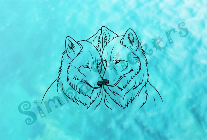 Wolves nose-to-nose, outline art