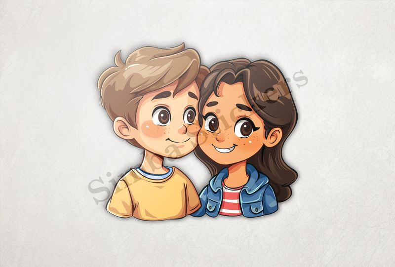 Girl and boy with rosy cheeks, smiling