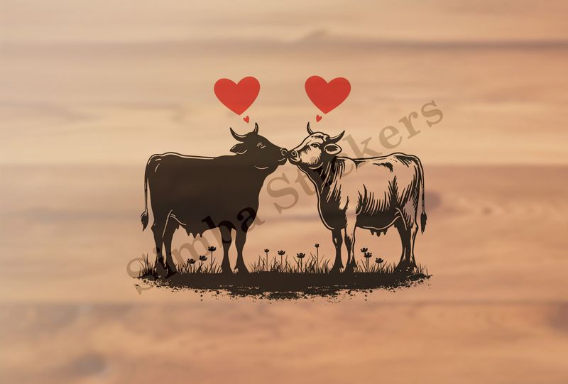 Bull and cow in love, standing, hearts in picture, outline art