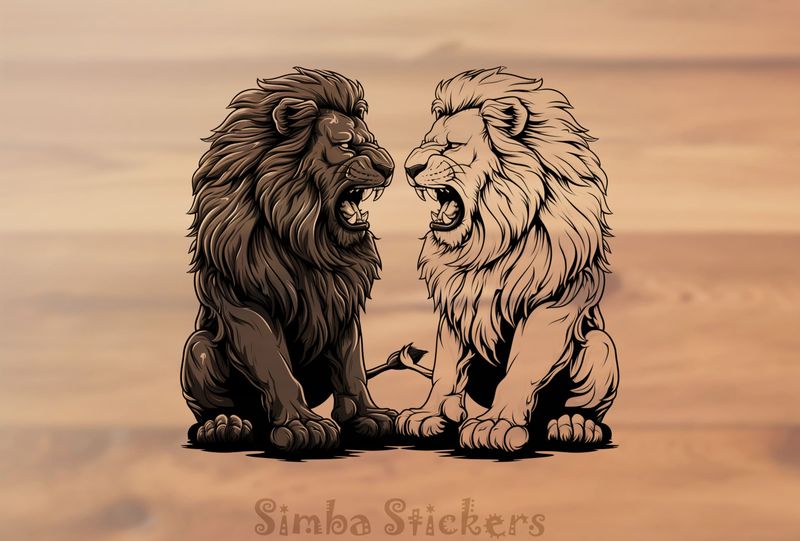 Two Lions roaring at each other while sitting, outline art, blyljo