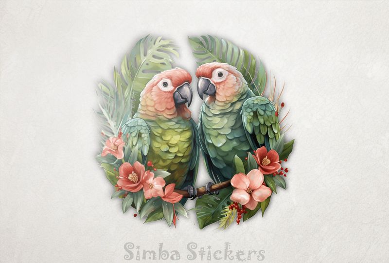 Green parrots in green leaves and pinkish flowers, watercolour, yk2x8b