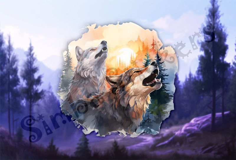 Wolves howling at the moon at sunset