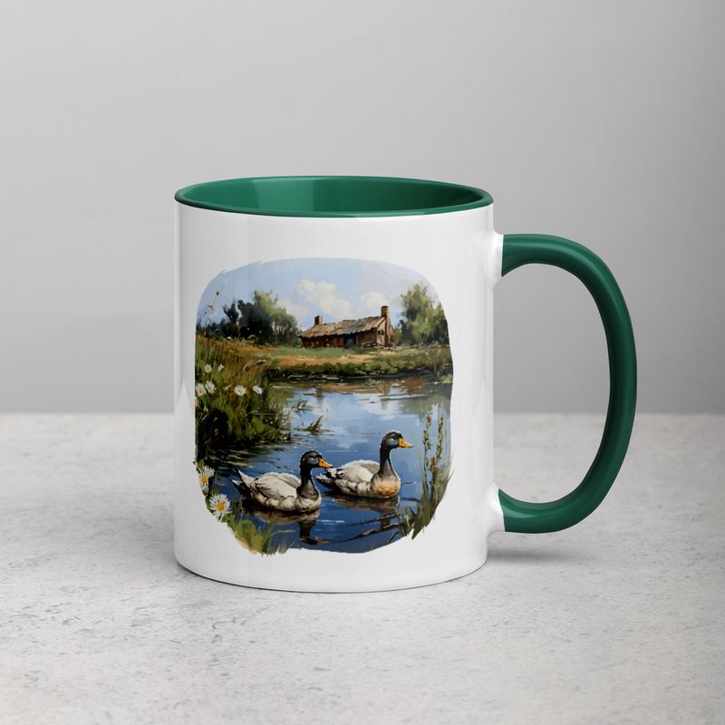 White Ceramic Mug with Color Inside, 11 &amp;15oz, Ducks in love swimming in farmhouse pond 