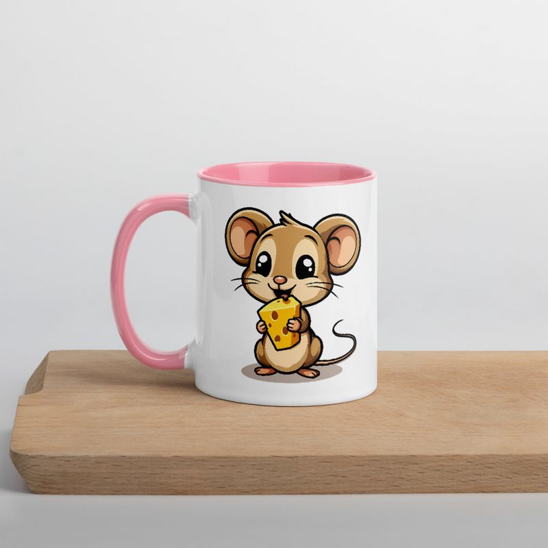 White Ceramic Mug with Color Inside,11&amp;15oz,Small Mouse happily licking large chunk of cheese,pqapy6