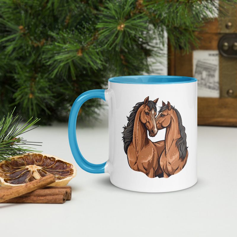 White Ceramic Mug with Color Inside, 11&amp;15oz, Two brown horses snuggling, tdwcyd