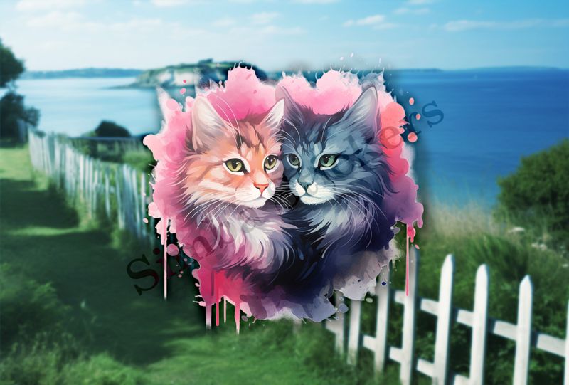 Cats cuddling, watercolour