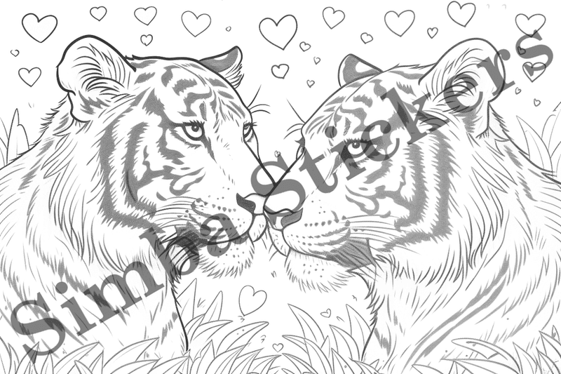 Colouring pages, bundle of tigers in love, 10 images