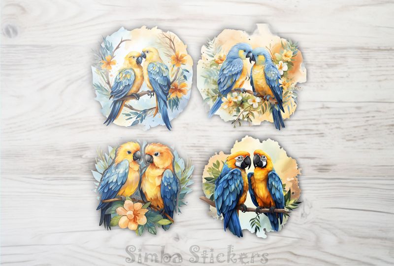 Parrots in love, with blue feathers, perching nose-to-nose, watercolour, 4-in-1, 6su8sm