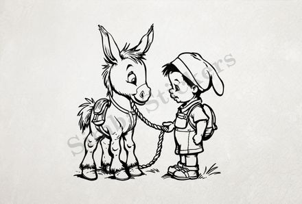 Donkey led on a rope by a small boy, outline art