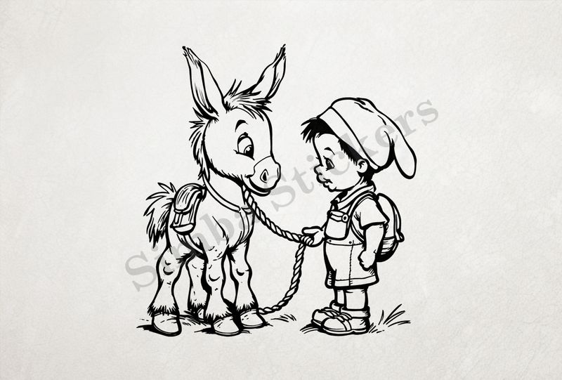 Donkey led on a rope by a small boy, outline art