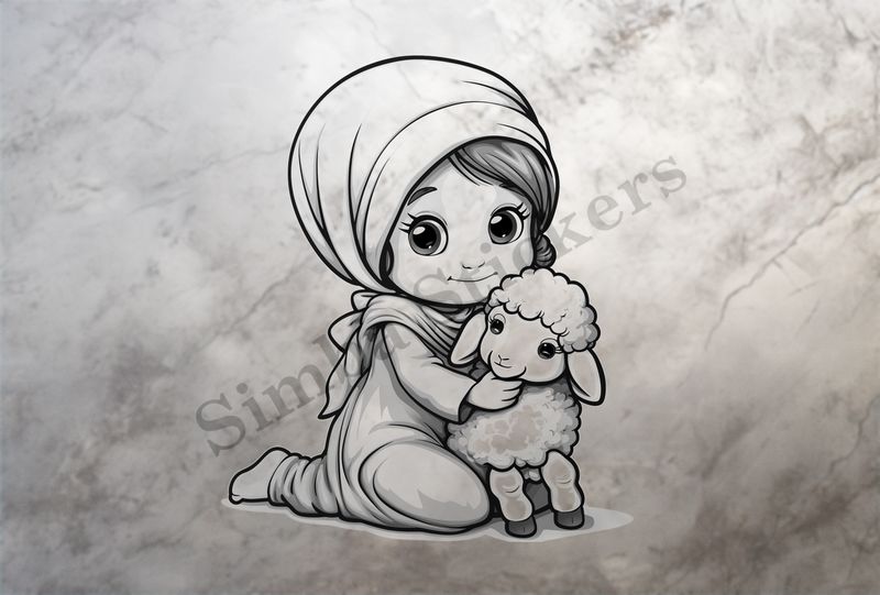 Lamb hugged by small Mediterranean girl in a veil, outline art