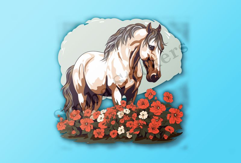 Brown horse in field of red flowers, n4w2fj