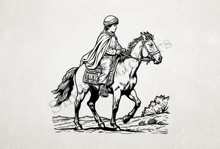 Horse being petted by a Mediterranean boy, outline art