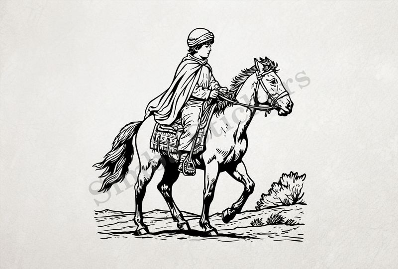 Horse being petted by a Mediterranean boy, outline art
