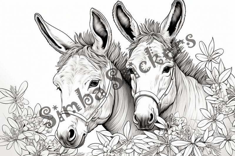 Colouring pages, bundle of donkeys in love, 10 images