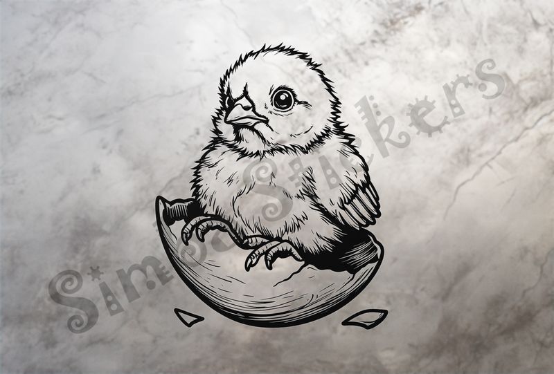 Chick sitting on egg shell after hatching, outline art