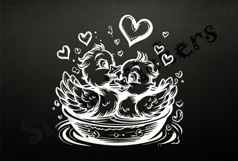 Ducklings in a floating bowl, romantic hearts, outline art
