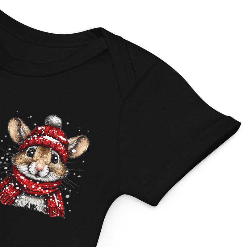Organic Cotton Baby Bodysuit, 3-18 months, Mouse wearing red winter hat and scarf, xg8dl3,left chest