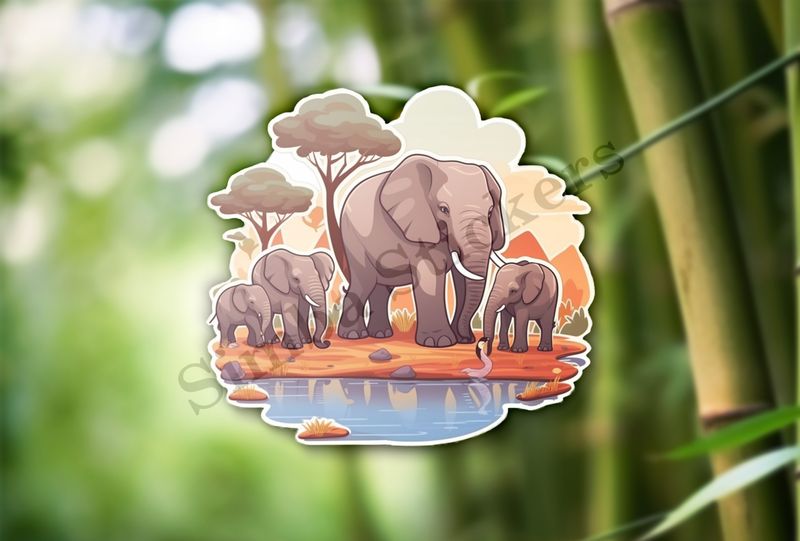 African elephant family at a pond in the Savanna