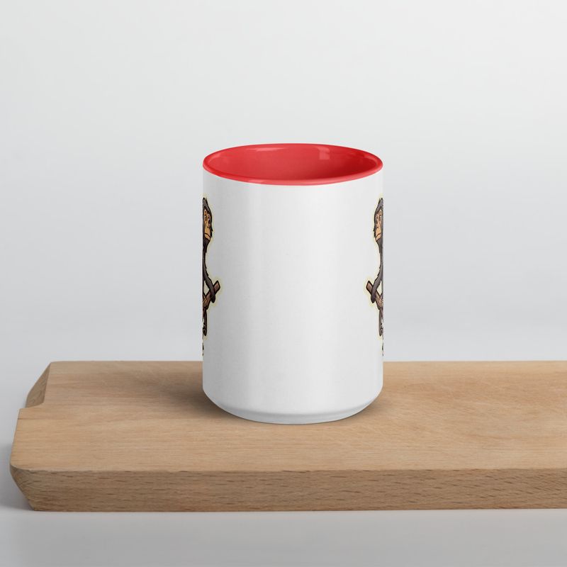 White Ceramic Mug with Color Inside, 11oz &amp; 15oz, Baboon on a tree, looking sad, head-to-head