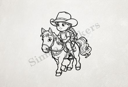 Horse being ridden by a small girl in a cowgirl hat, outline art