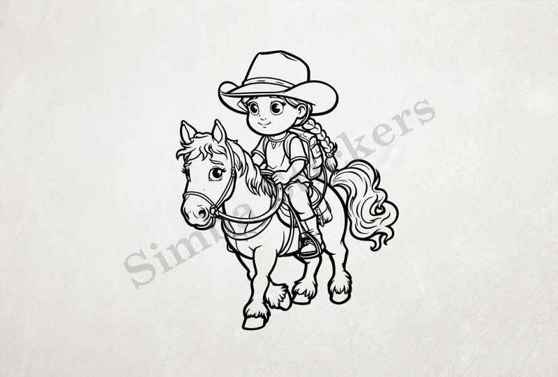 Horse being ridden by a small girl in a cowgirl hat, outline art