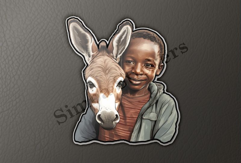 Donkey hugged by child of African origin