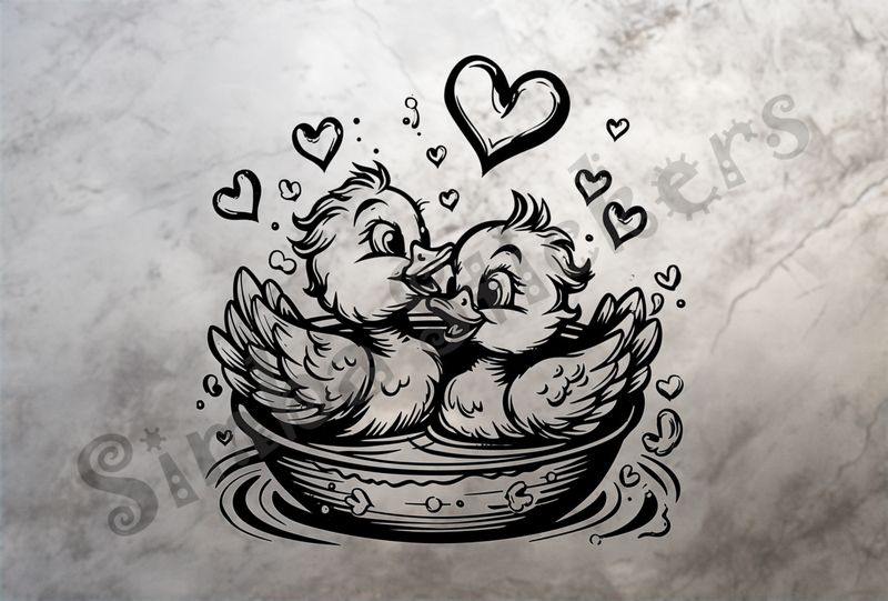 Ducklings in a floating bowl, romantic hearts, outline art