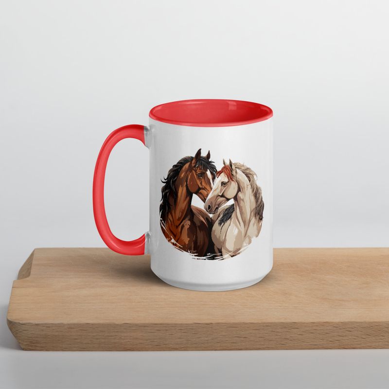 White Ceramic Mug with Color Inside, 11&amp;15oz, Horses nose-to-nose, jbgjpy
