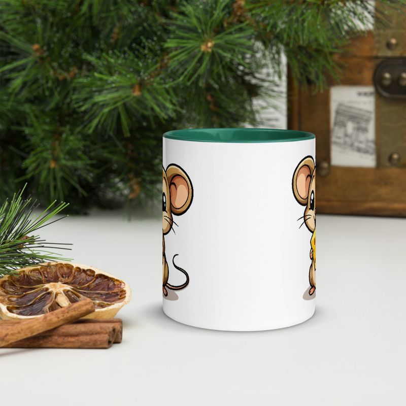 White Ceramic Mug with Color Inside,11&amp;15oz,Small Mouse happily licking large chunk of cheese,pqapy6