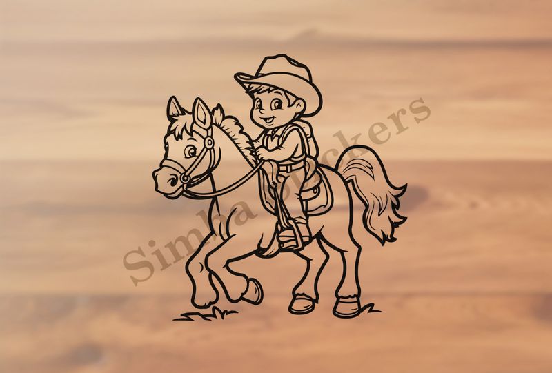 Horse carrying a small cowboy, outline art