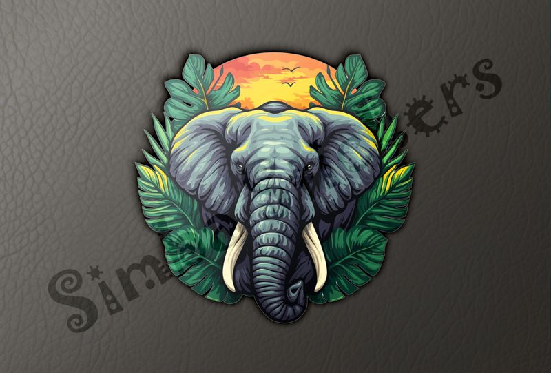 Elephant emerging from green leaves in front of golden sunset