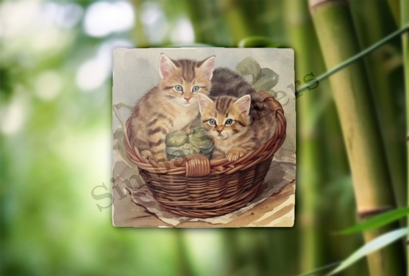 Kittens in a basket, vintage watercolour