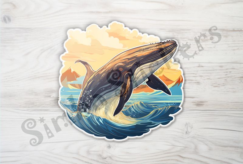Whale leaping out of water at sunset