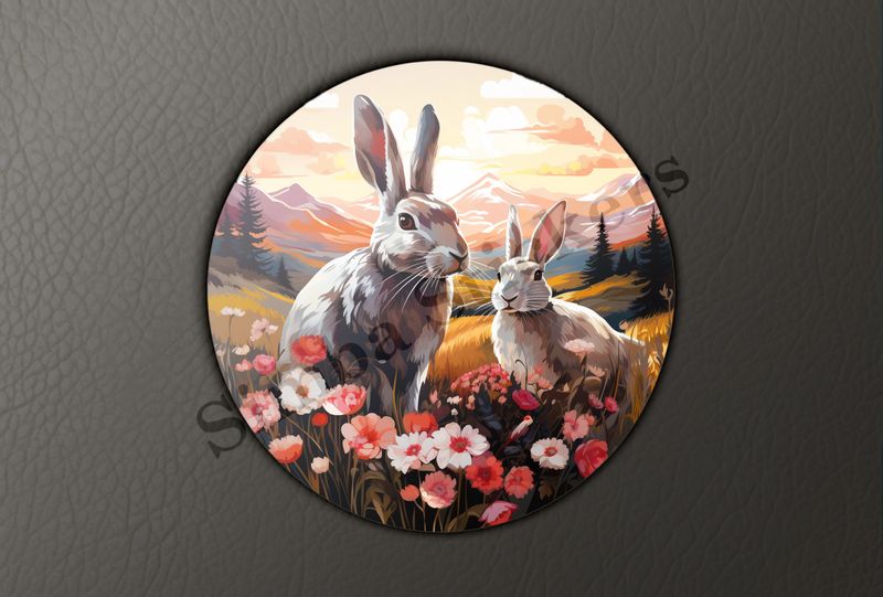 Rabbits in love amongst flowers in green fields, oil painting